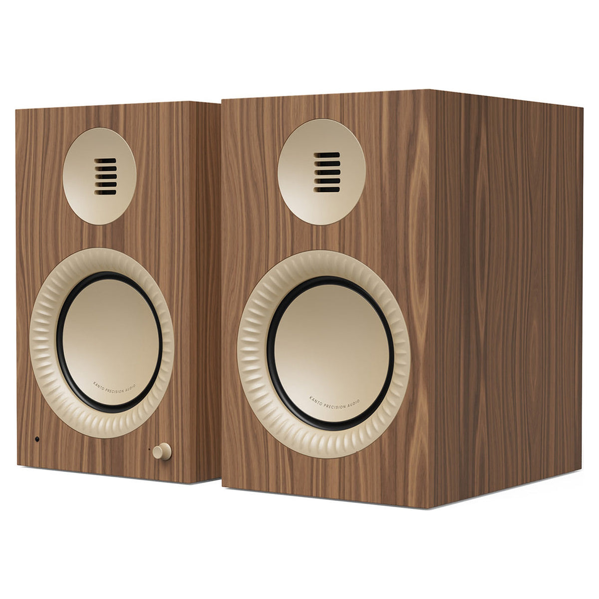 Kanto Audio TUK Grand powered speakers in Matte Walnut with rose gold waveguides, three-quarter view