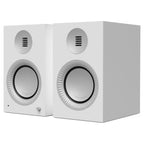 Kanto Audio TUK Grand powered speakers in Matte White with aluminum waveguides, three-quarter view