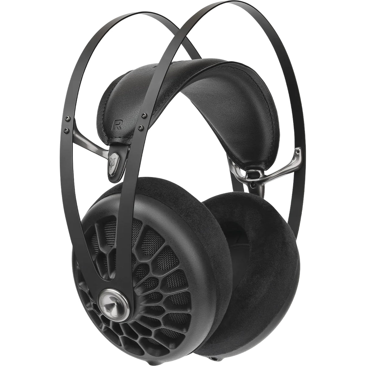 Close-up of Meze Audio 105 AER wired headphones with cushioned ear cups and sleek black design.