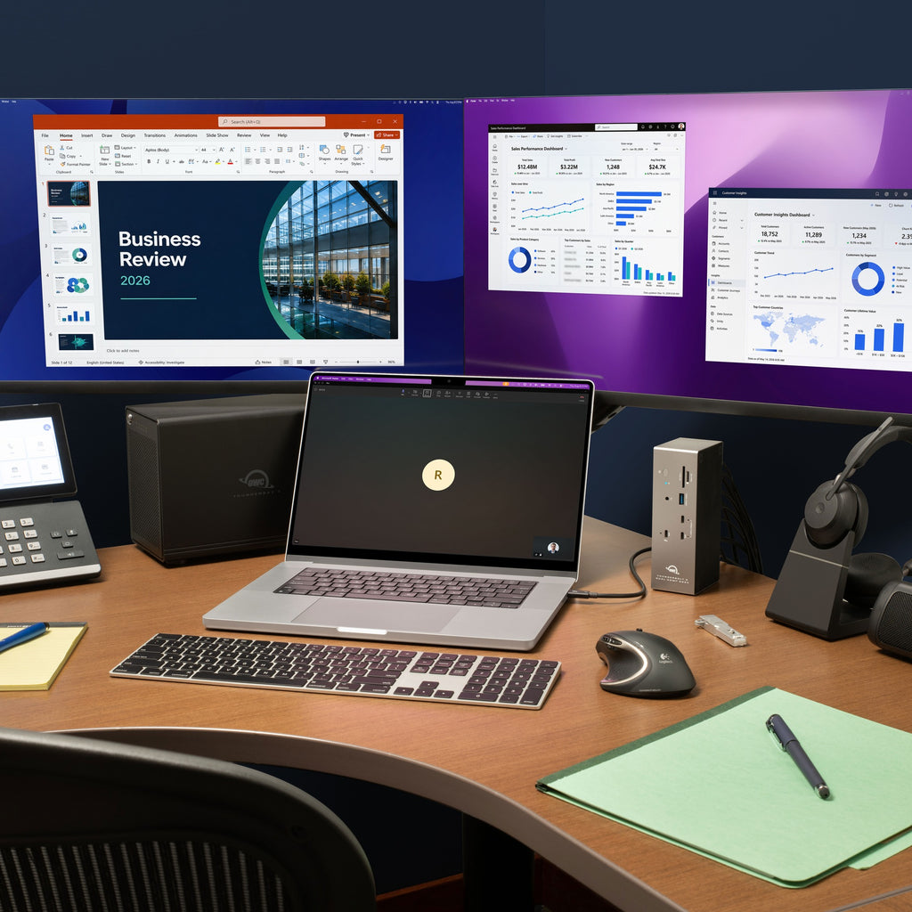 OWC Thunderbolt 5 Dock with Dual HDMI, powering a laptop and two displays in an office setup
