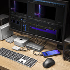 OWC USB4 Hub, on a creative desk with Mac mini, display and drives