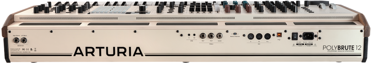Arturia PolyBrute 12 synthesizer with front panel controls and back connections, showcasing the professional music production instrument.