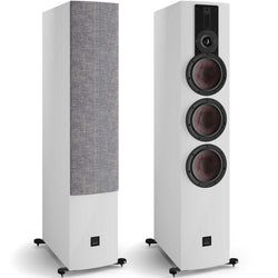 DALI Rubikore 8 passive floorstanding speakers in white finish with elegant design and sleek speaker grille.
