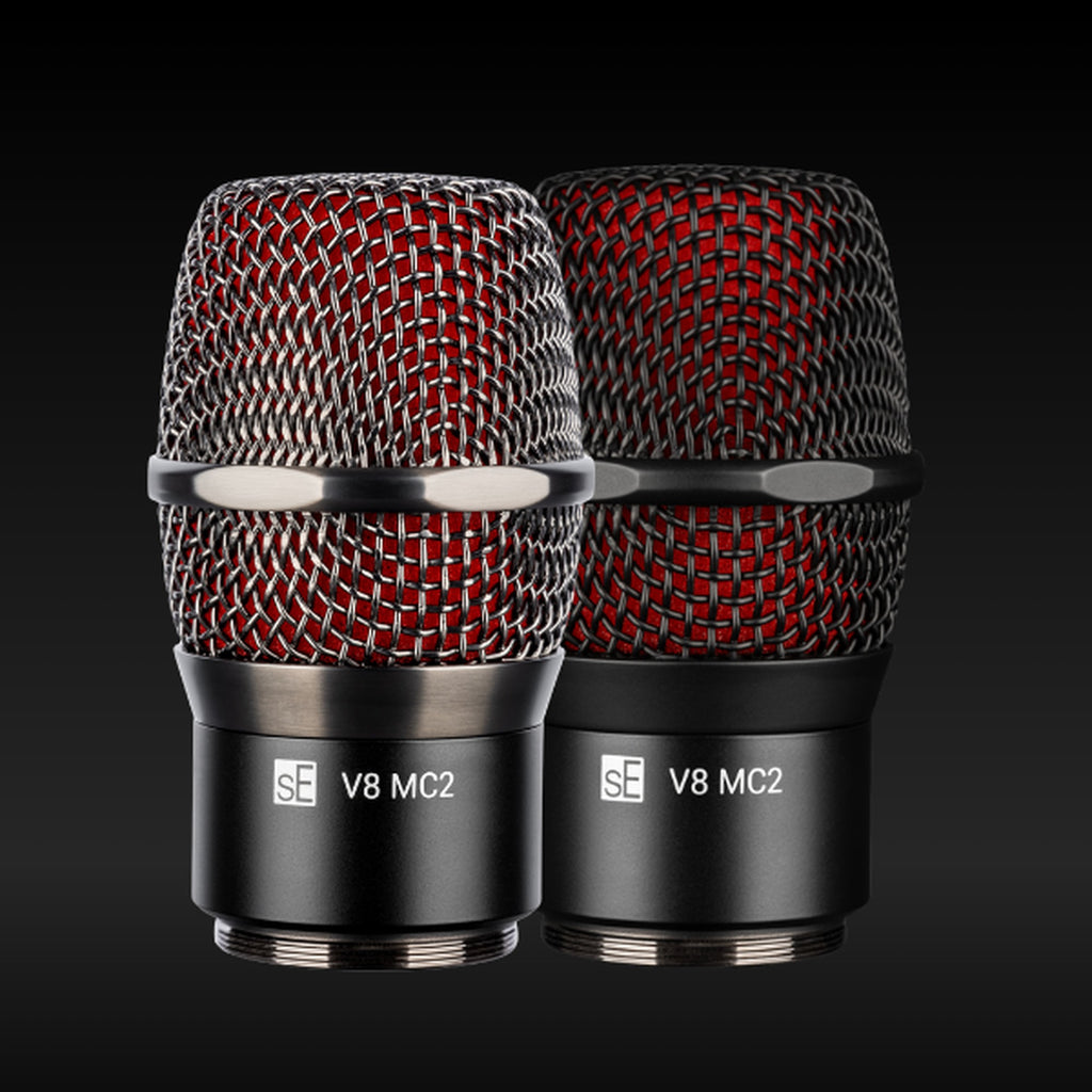 sE Electronics V8 MC2 capsules in Black and Graphite Grey on a dark background
