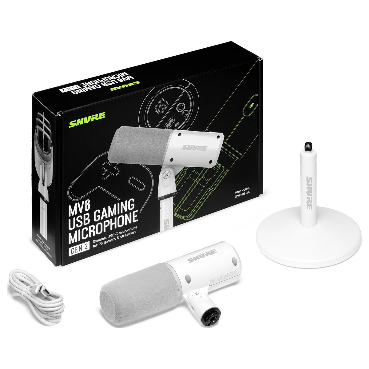 Shure MV6 Gen 2 White, in the box with stand and USB-C cable