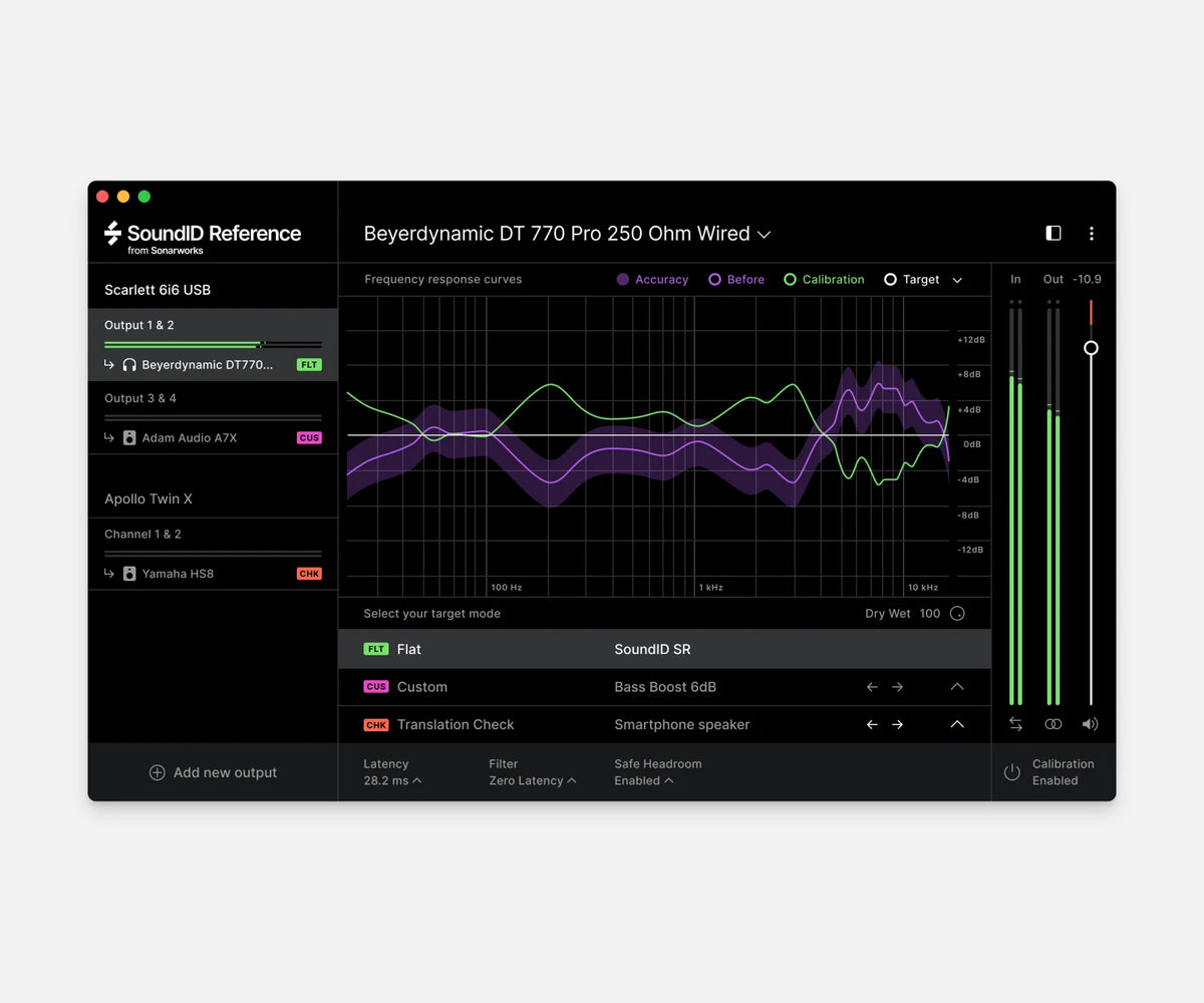 Dark mode Sonarworks SoundID Reference music production software interface displayed on speakers and headphones for sound calibration.