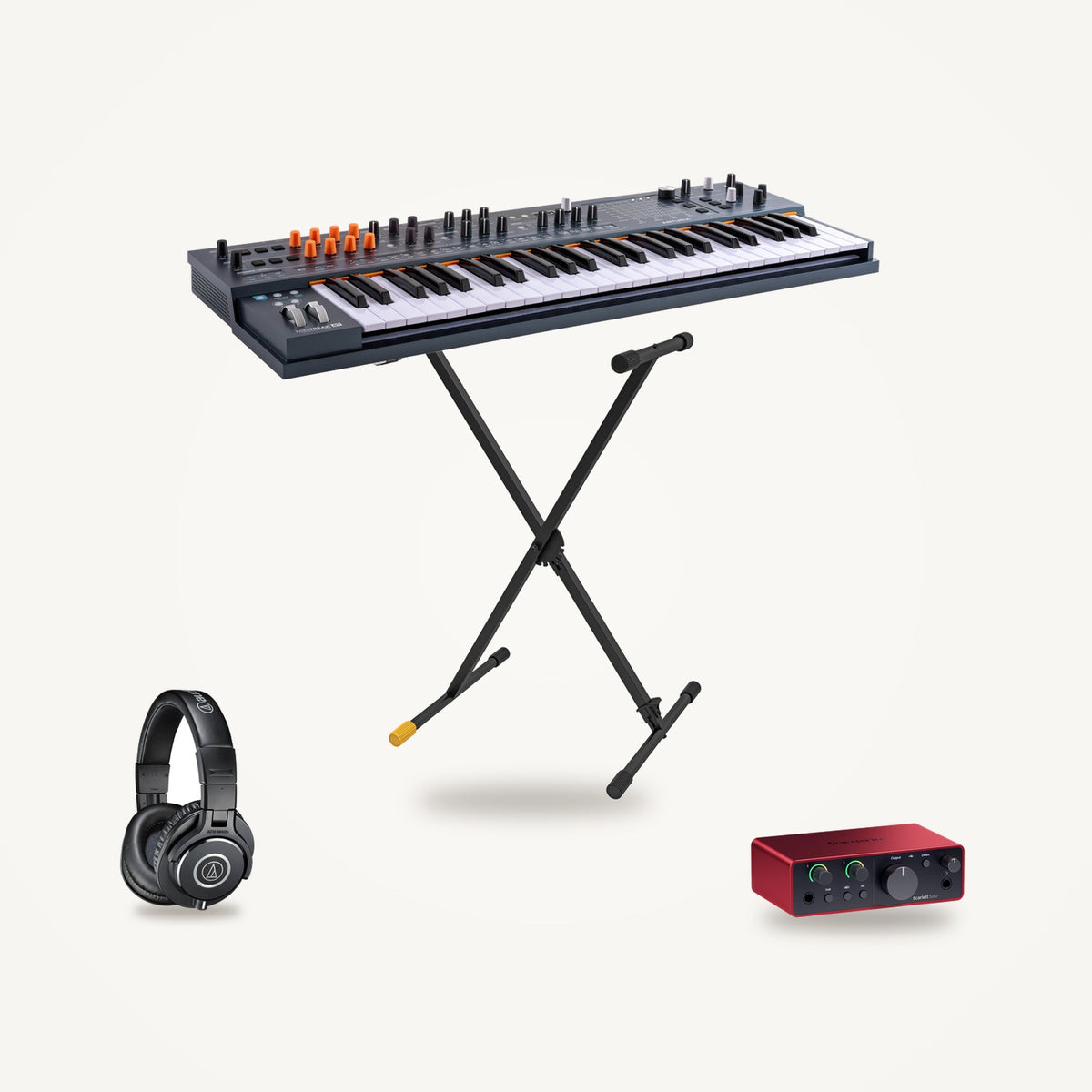 Arturia MiniFreak 49 synthesizer on a Hercules KS100B stand with a Focusrite Scarlett Solo 4th Gen interface and Audio-Technica ATH-M40x headphones