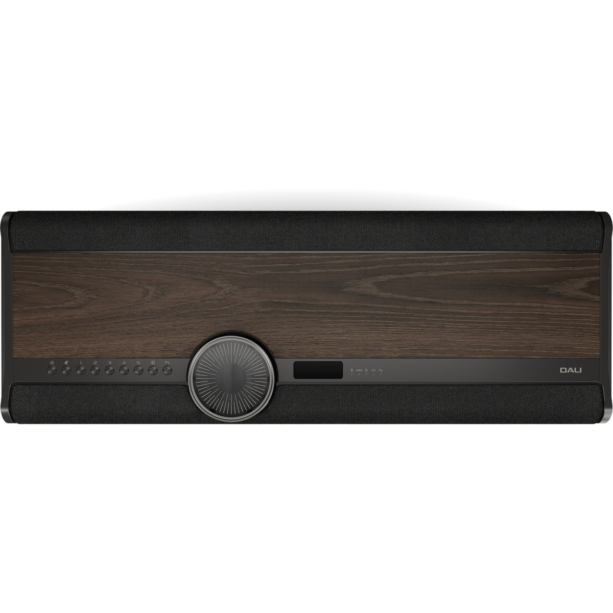 Dali Vega front panel with wood veneer, volume wheel and OLED display