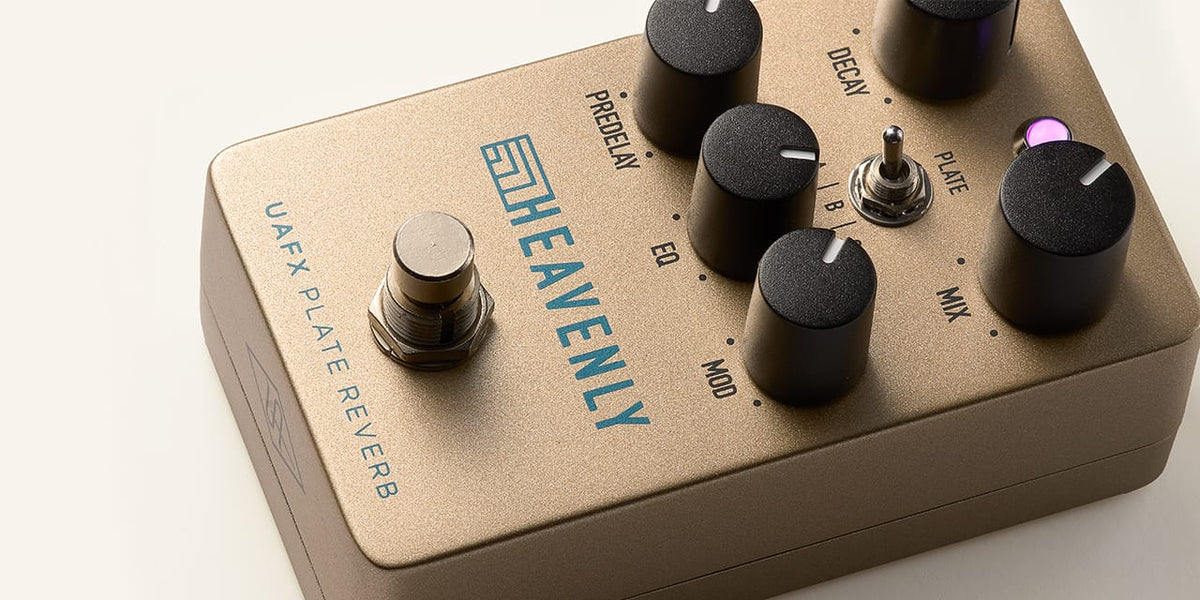 Universal Audio UAFX Heavenly Plate Reverb effects pedal with control knobs and vintage-inspired design.