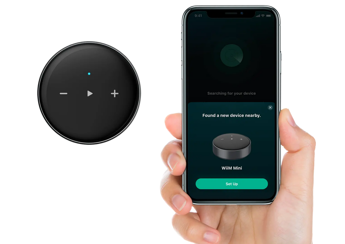 WiiM Mini music streamer, in use