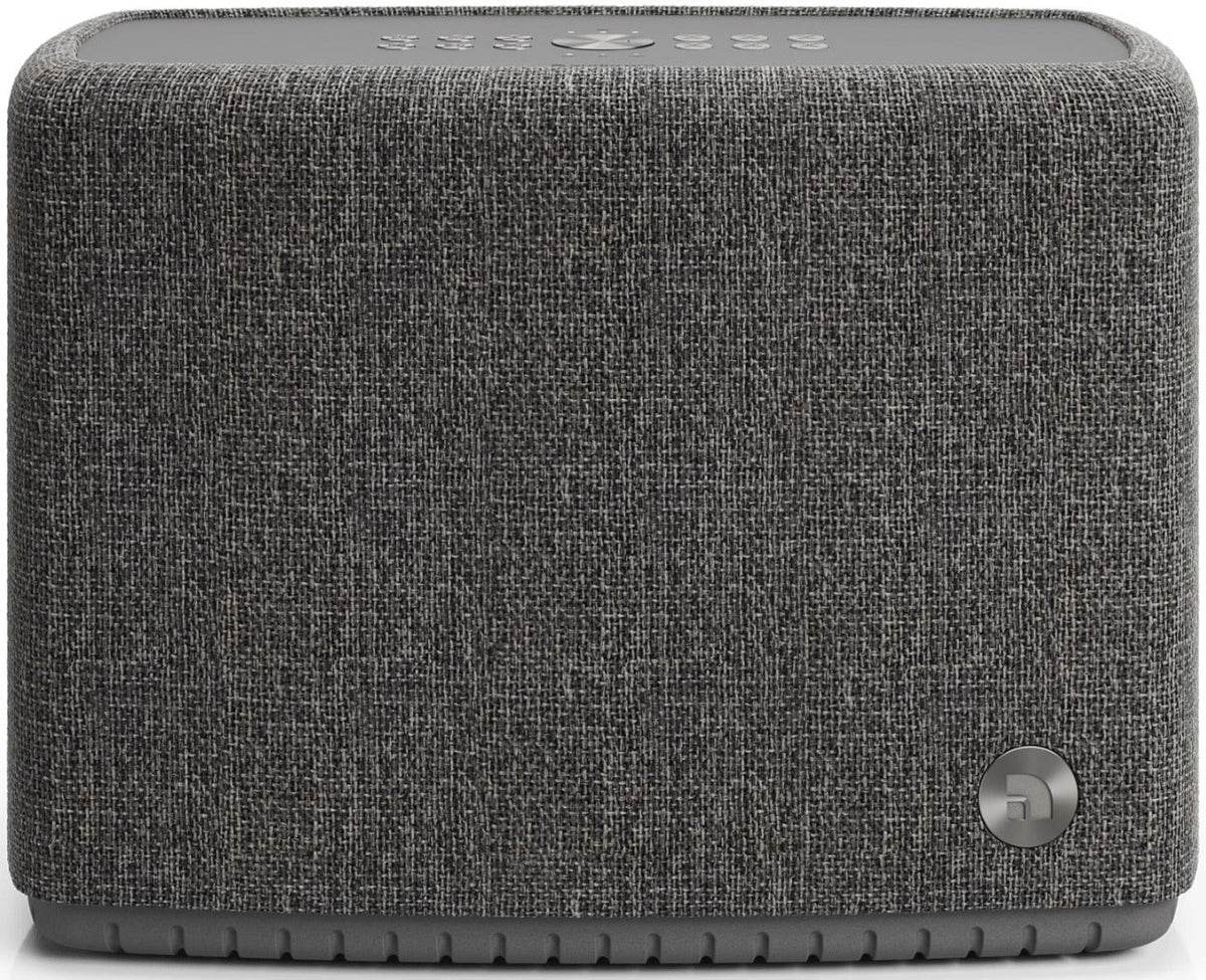 Wireless portable Audio Pro A15 speaker in dark grey with front controls, supporting AirPlay 2, Google Cast, and Chromecast.